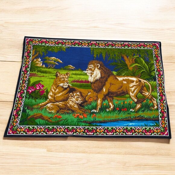 Vintage Tapestry Wall Hanging Lion In A Jungle 54" x 38" - Picture 1 of 9